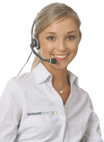 Customer support agent wearing a headset and an Outdoor Sports Company shirt