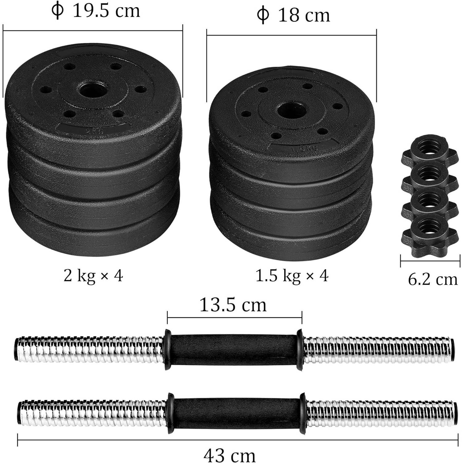 Adjustable Dumbbells, 15 kg dimensions and specifications