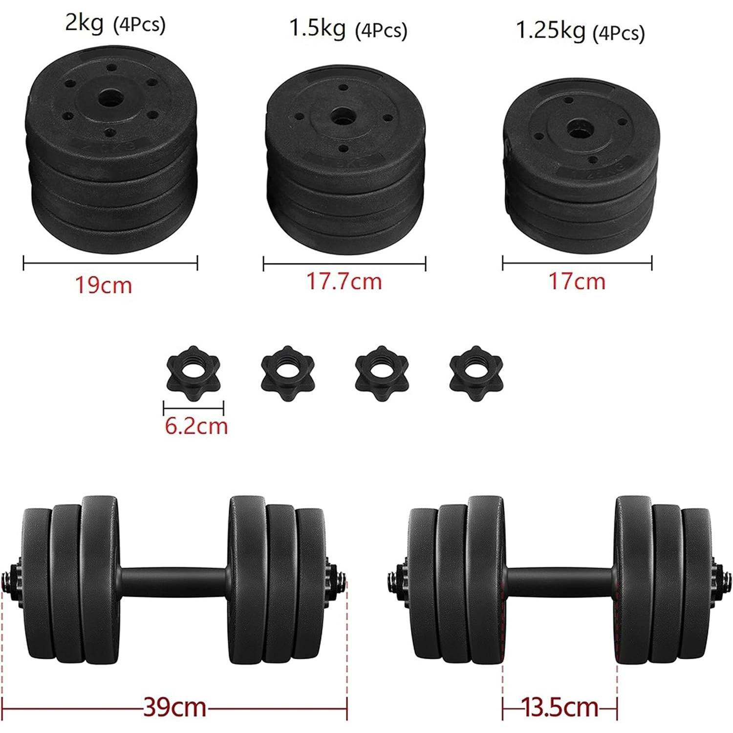 Adjustable Dumbbells, 15 kg dimensions and specifications