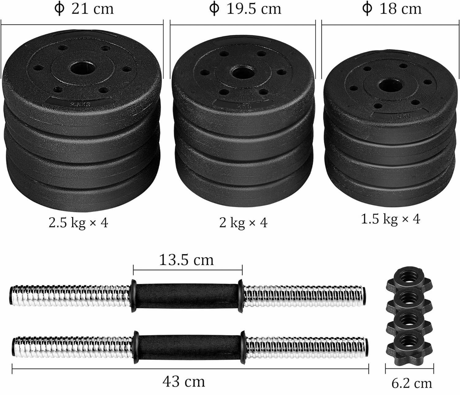 Adjustable Dumbbells, 15 kg dimensions and specifications