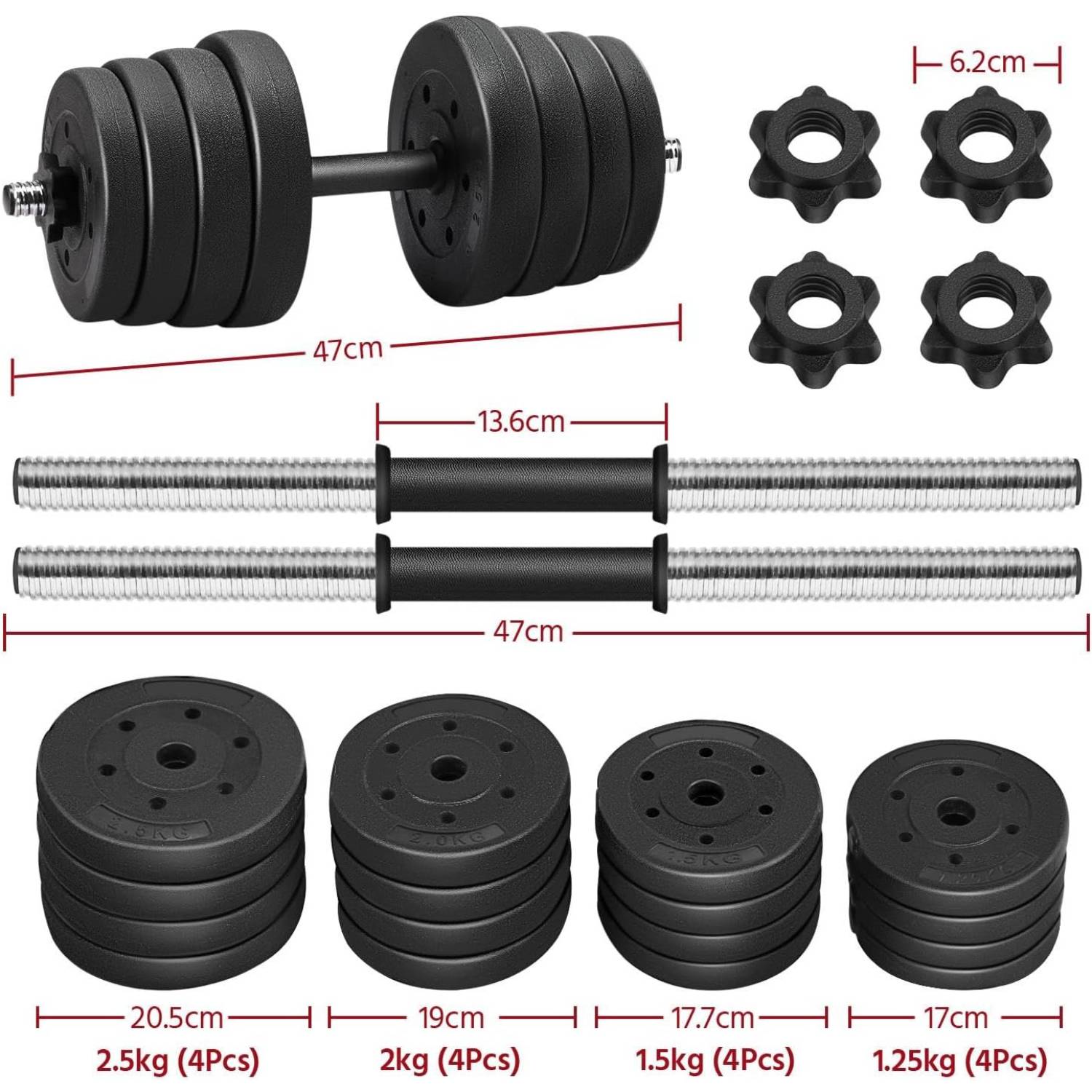 Adjustable Dumbbells, 15 kg dimensions and specifications